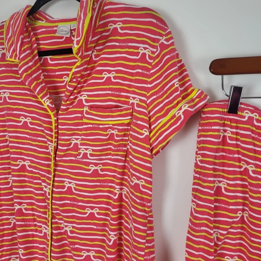 Disney Minnie Mouse Pajama Set L Womens Pink Yellow White Striped Button Front - Picture 3 of 13
